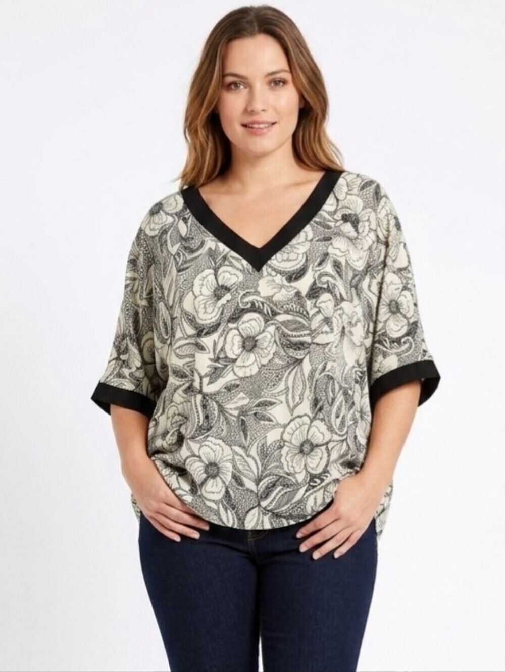 Camaïeu Boho Short Sleeve Top Black And Cream Floral Eu Size XXL (Us Size L-XL)